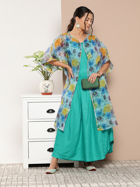 Teal Blue Strappy Set With Blue Yellow Floral Cape