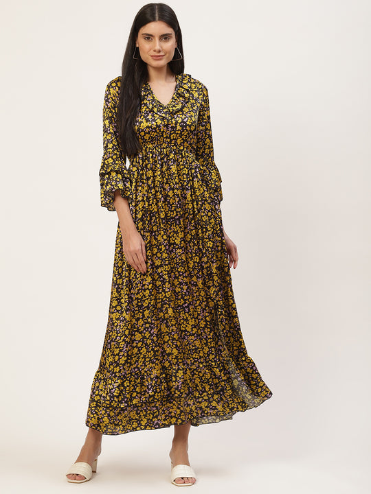 Mustard Print Ruffled Dress