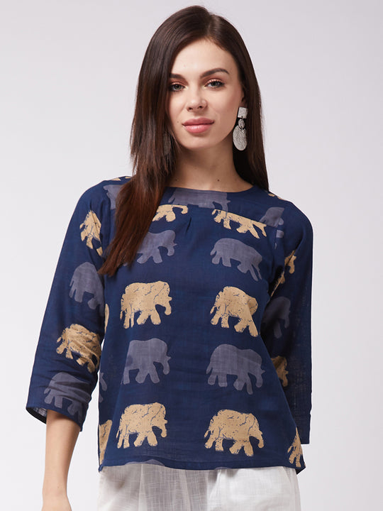 Elephant Print Blue Top