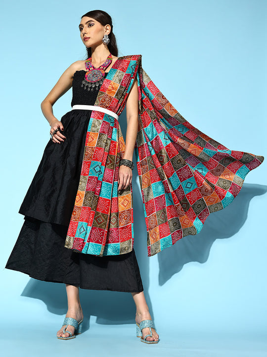 Black Off Shoulder Silk Kurta Set -Multi Bandhej Dupatta