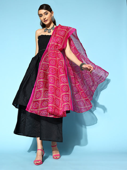 Black Off Shoulder Silk Kurta Set -Pink Kota Bandhej Dupatta