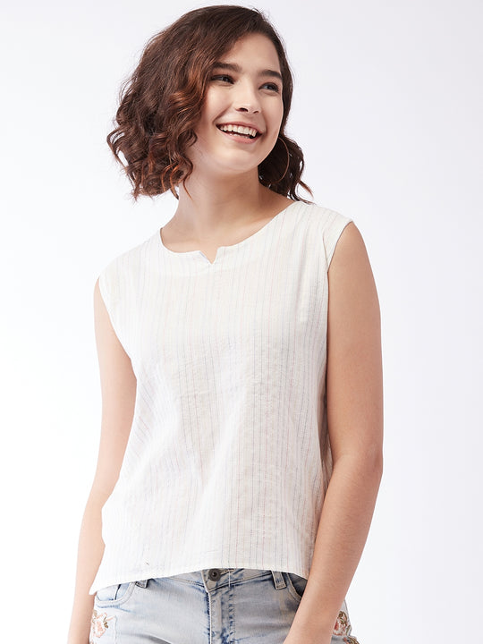 Off White Kantha Sleeveless Top For Teens