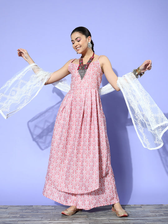 Pink Ikkat Print Strappy Set With Dupatta