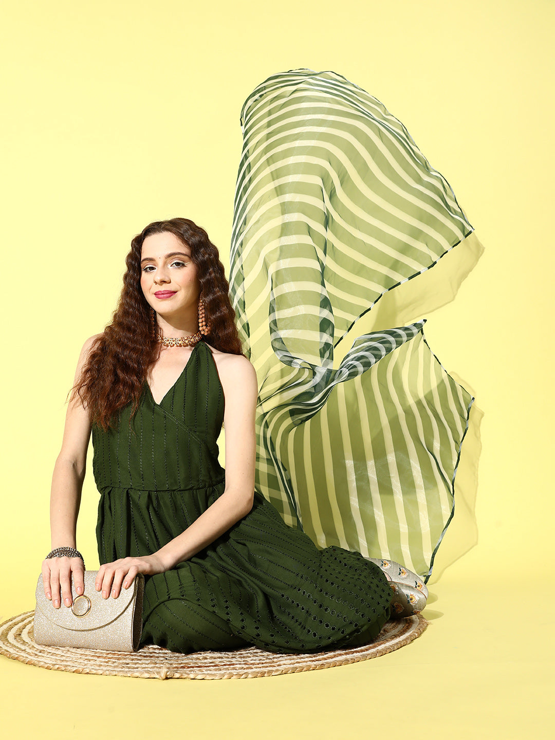 Green Lace Work Backless Kurta Sharara Set With Lehariya Dupatta