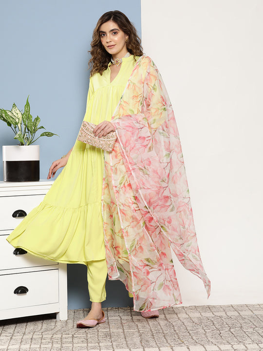 Lime Green Tiered Anarkali Kurta Set