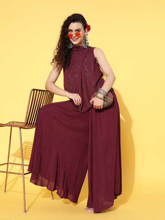 Maroon Lurex Top With Flared Pallazo