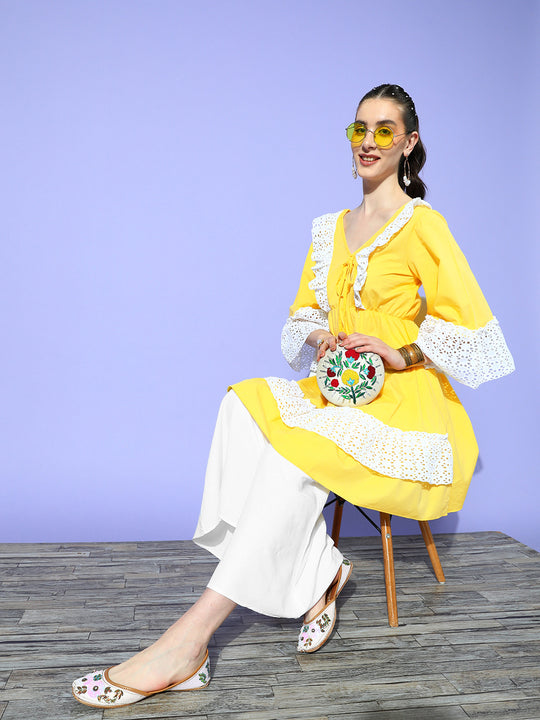 Yellow Lacy Work Dress Palazzo Co-Ord Set