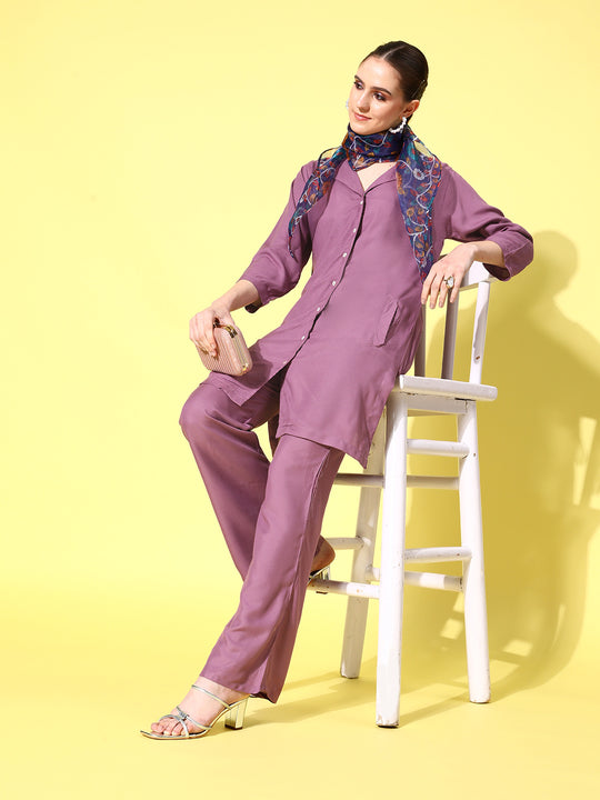 MAUVE COORD SET WITH INDIGO KALAMKARI SCARF