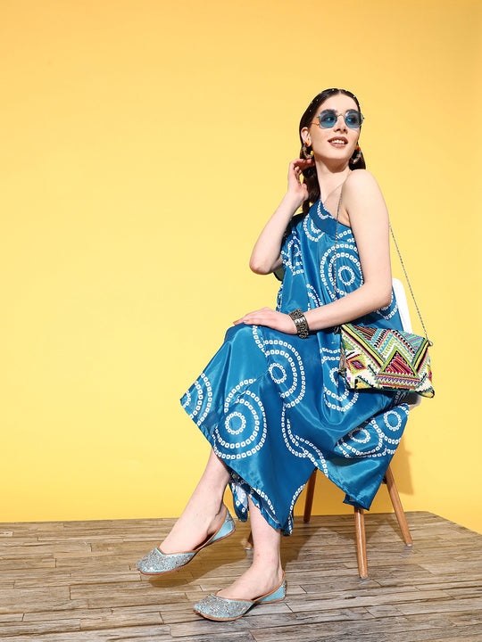 Blue Bandhani Motif One Shoulder Palazzo Set