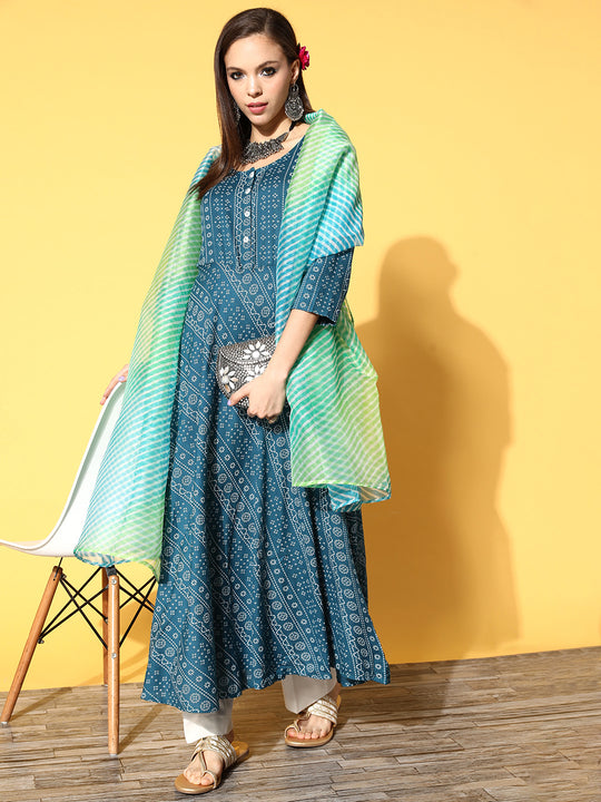 Ocean Bandhani Kurta with Aqua Organza Dupatta