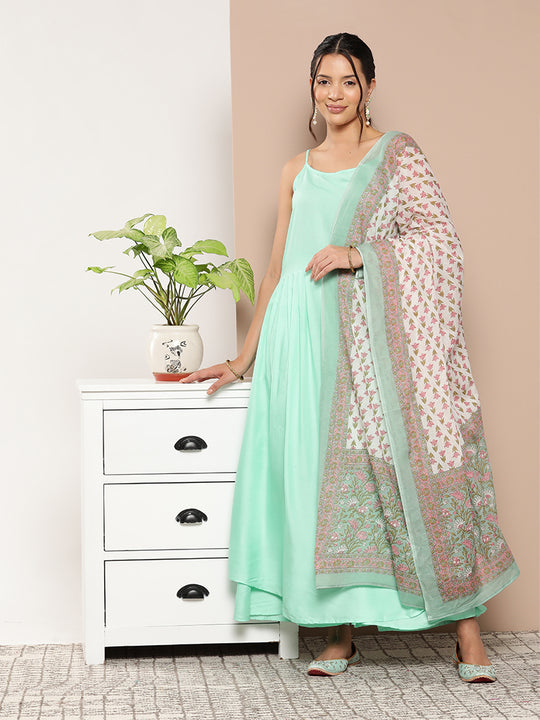Sky Blue Ray Strappy Set With Blue Printed Border Cotton Dupatta