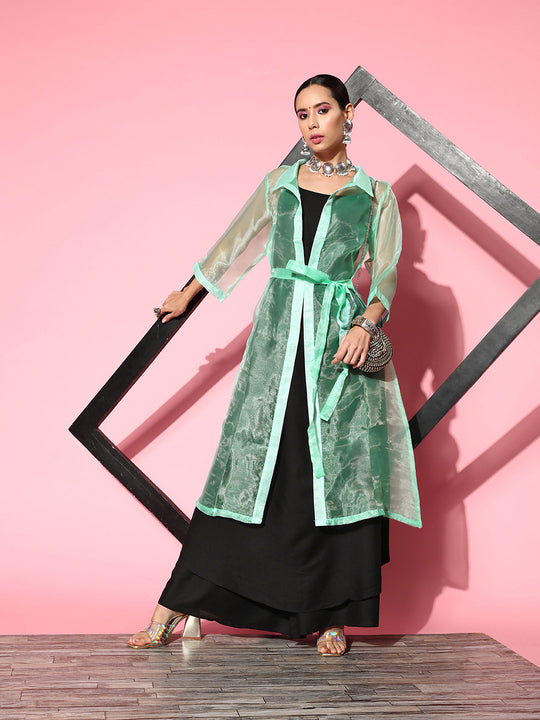 BLACK STRAPPY KURTA SET WITH TEAL ORGANZA CAPE