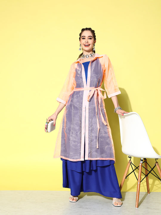 INK BLUE STRAPPY KURTA SET WITH PEACH ORGANZA CAPE