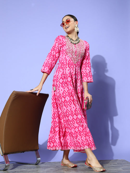 Abstract Pink Print Long Dress With Work