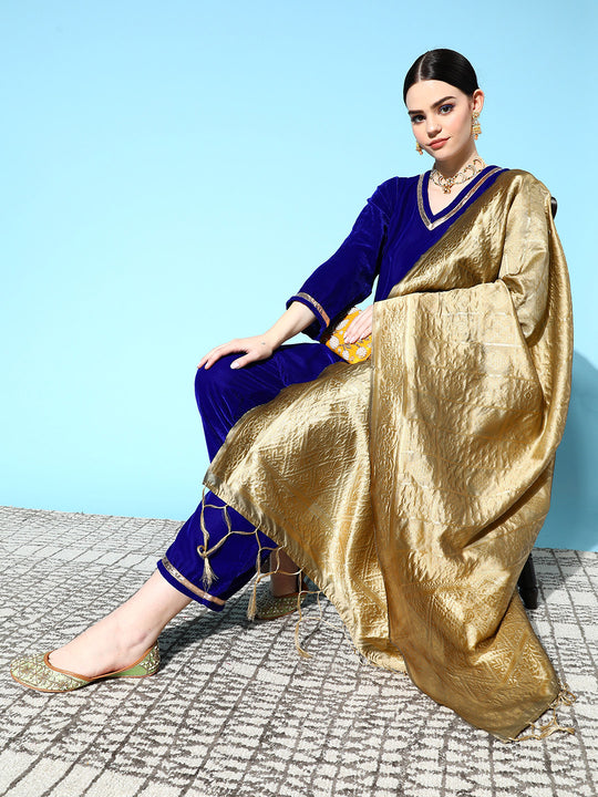 Blue Velvet Kurta Set With Beige Brocade Dupatta