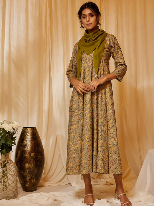 Green Gold Floral A Line Dress With Stole