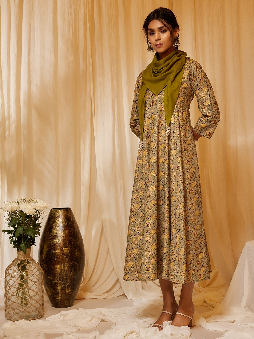 Green Gold Floral A Line Dress With Stole - InWeave Green Gold Floral A Line Dress With Stole - InWeave