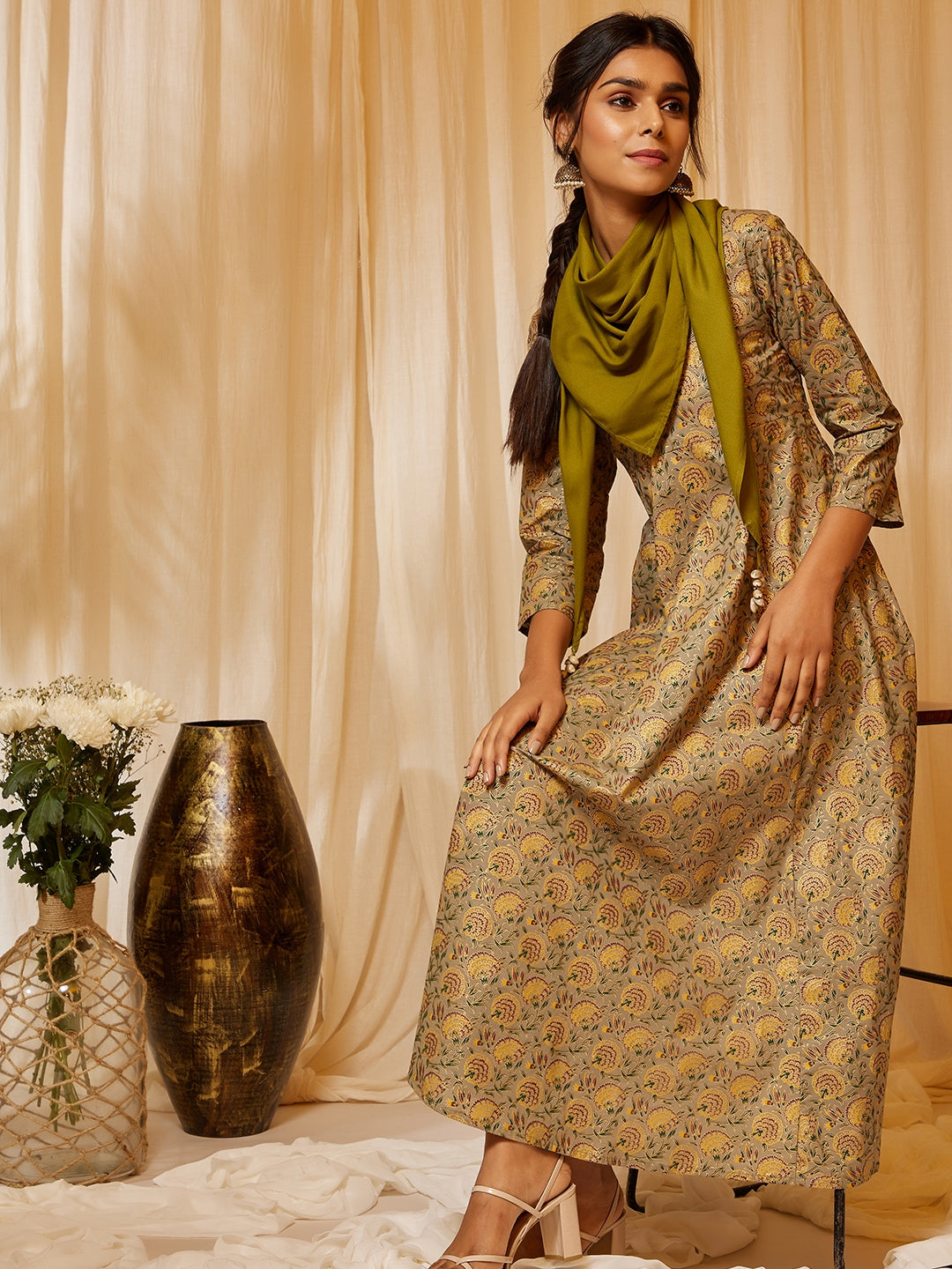 Green Gold Floral A Line Dress With Stole