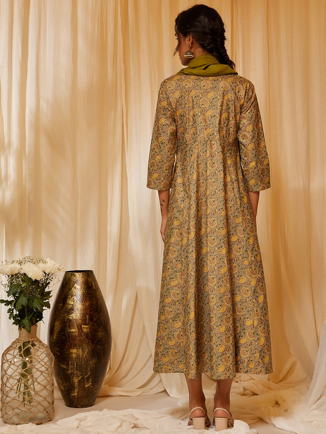 Green Gold Floral A Line Dress With Stole