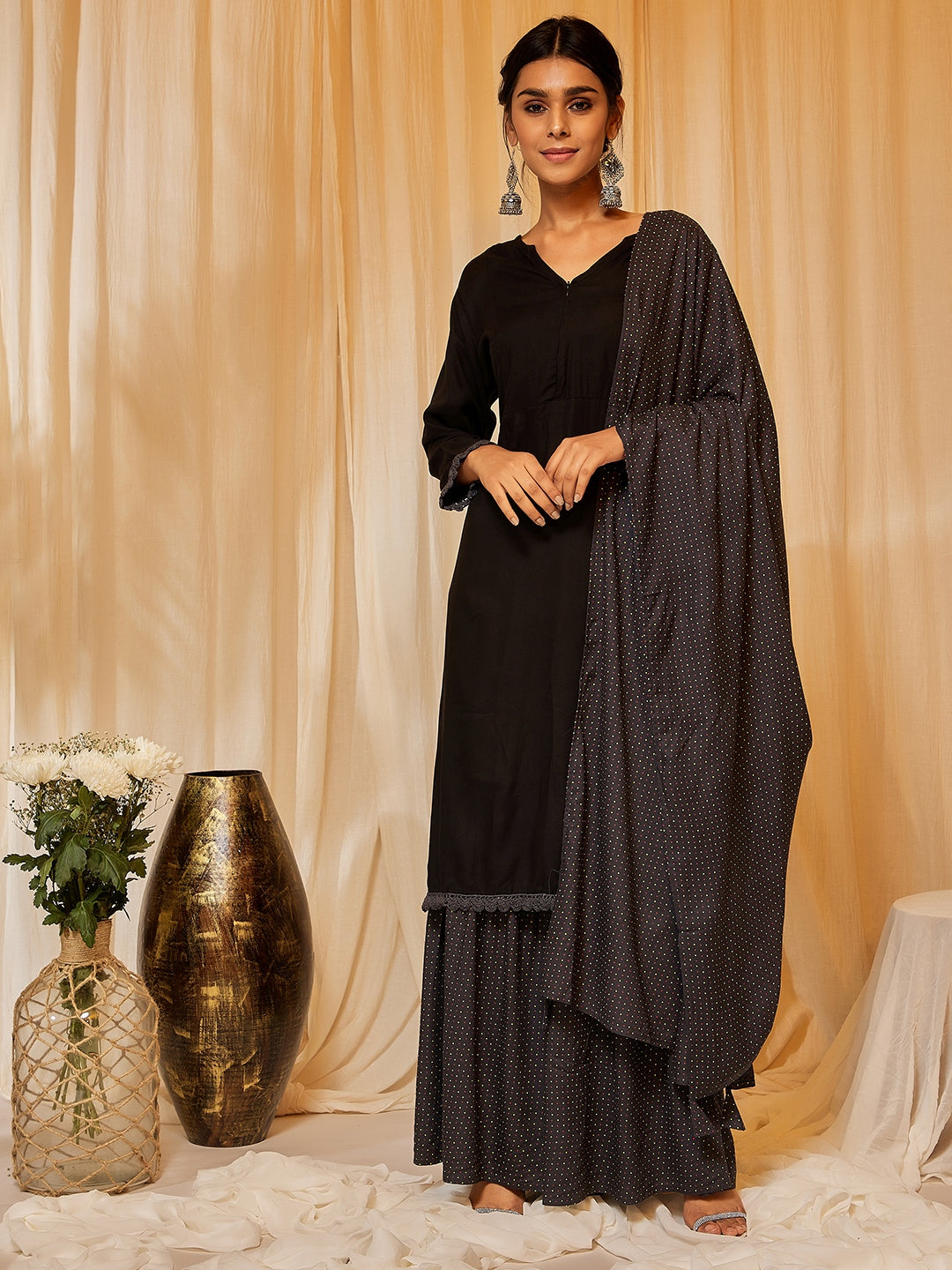 Black Lace Work Sharara Set With Dupatta
