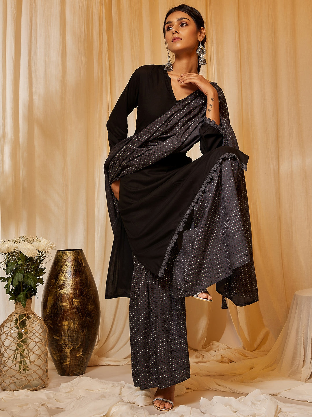 Black Lace Work Sharara Set With Dupatta