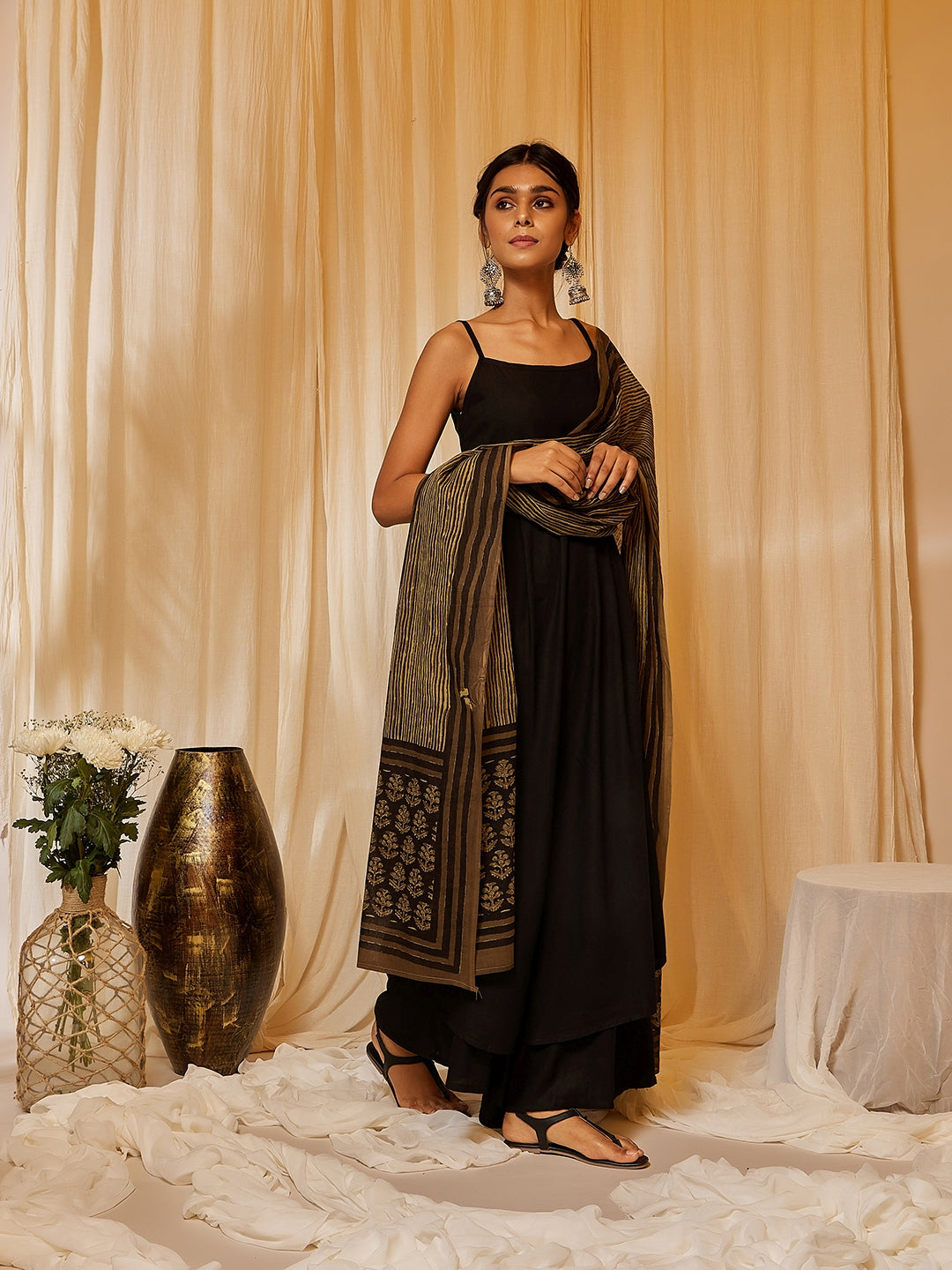 Black Strappy Kurta Palazzo Set With Green Boota Dupatta InWeave