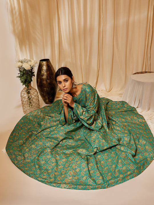 Green Gold Floral Long Dress