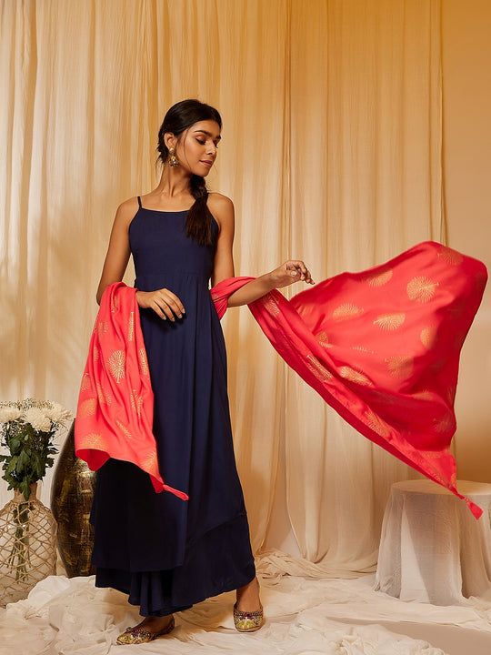 Navy Blue Strappy Kurta Palazzo Set With Red Gold Dupatta