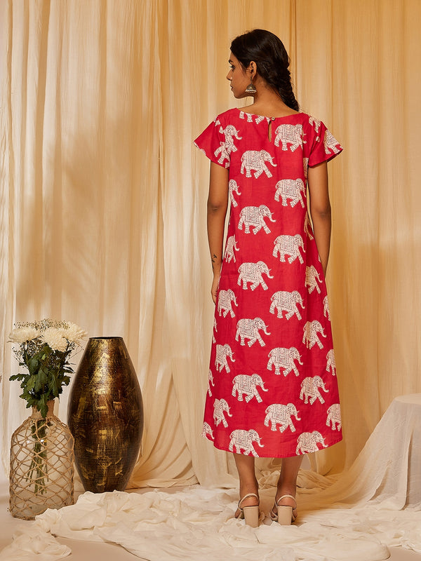 Red Elephant Print Dress - InWeave