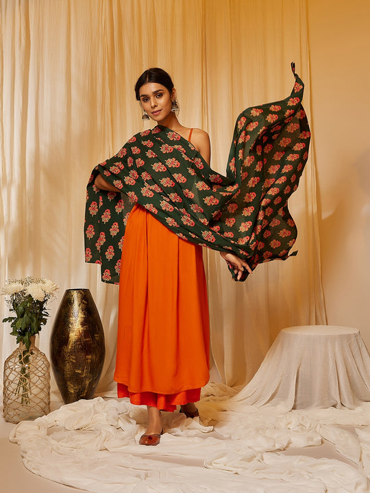 Orange Strappy Kurta Palazzo Set With Green Red Boota Dupatta