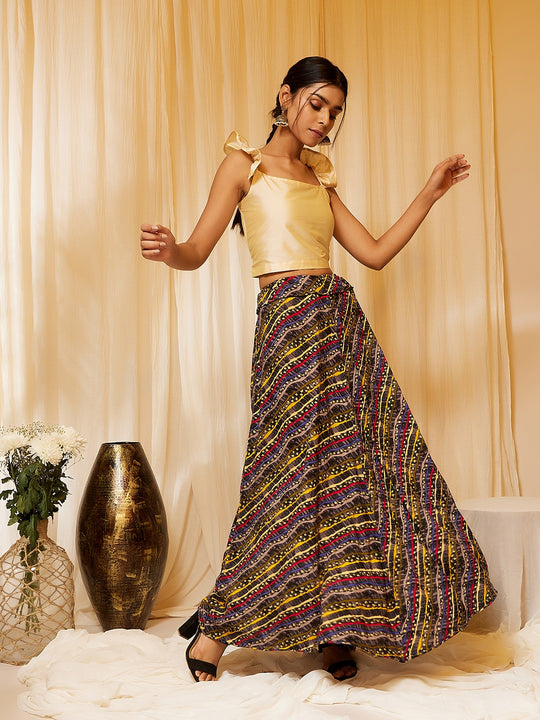 Charcoal Black Lehriya Crop Top Set