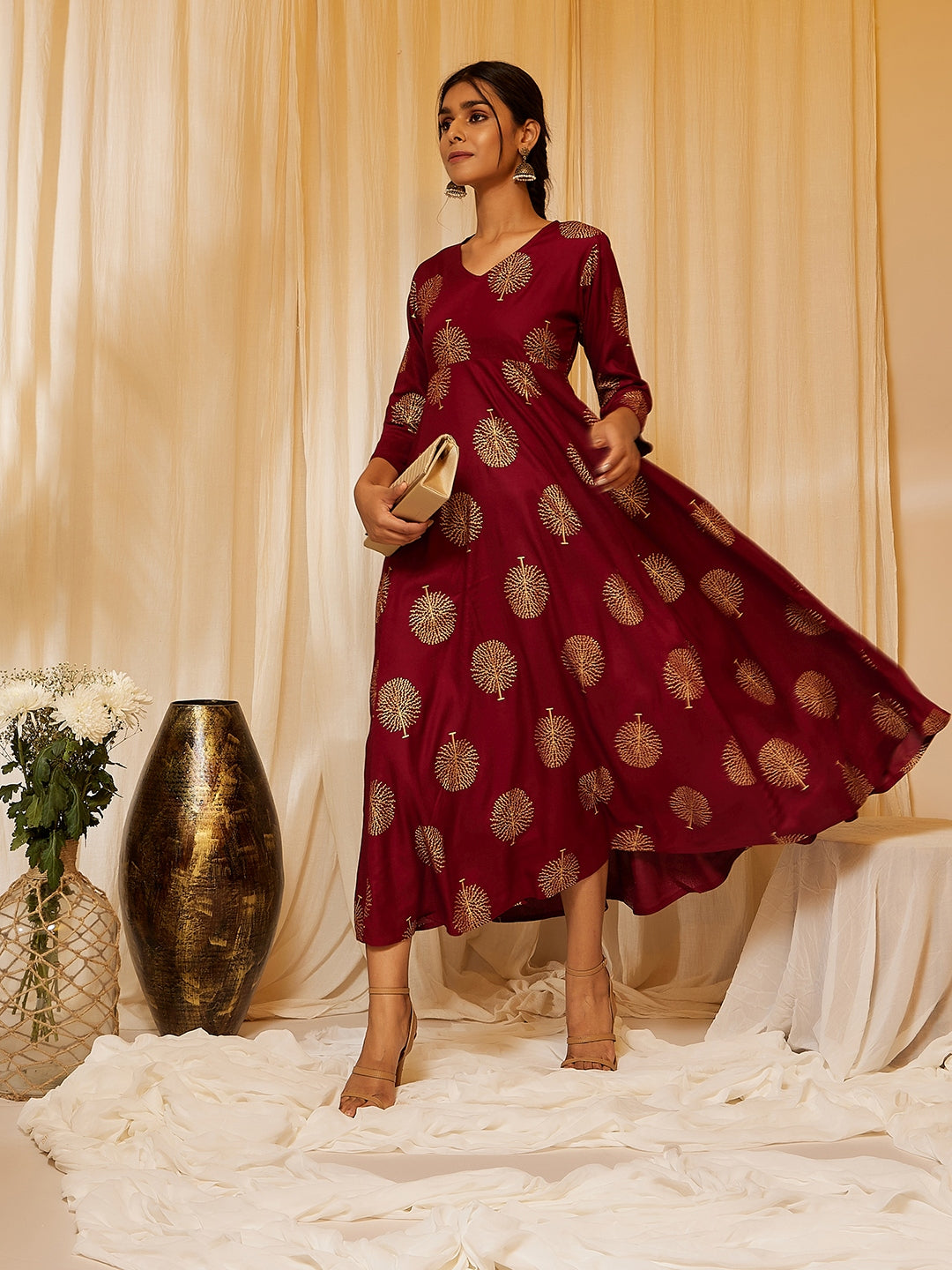 Maroon Gold Work A Line Dress - InWeave Maroon Gold Work A Line Dress - InWeave