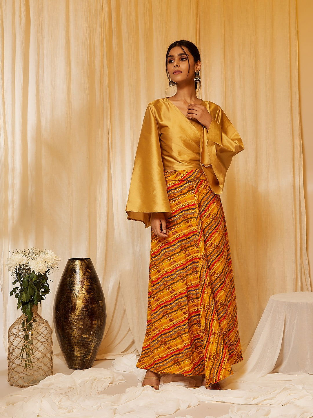 Gold Top With Mustard Lehariya Skirt
