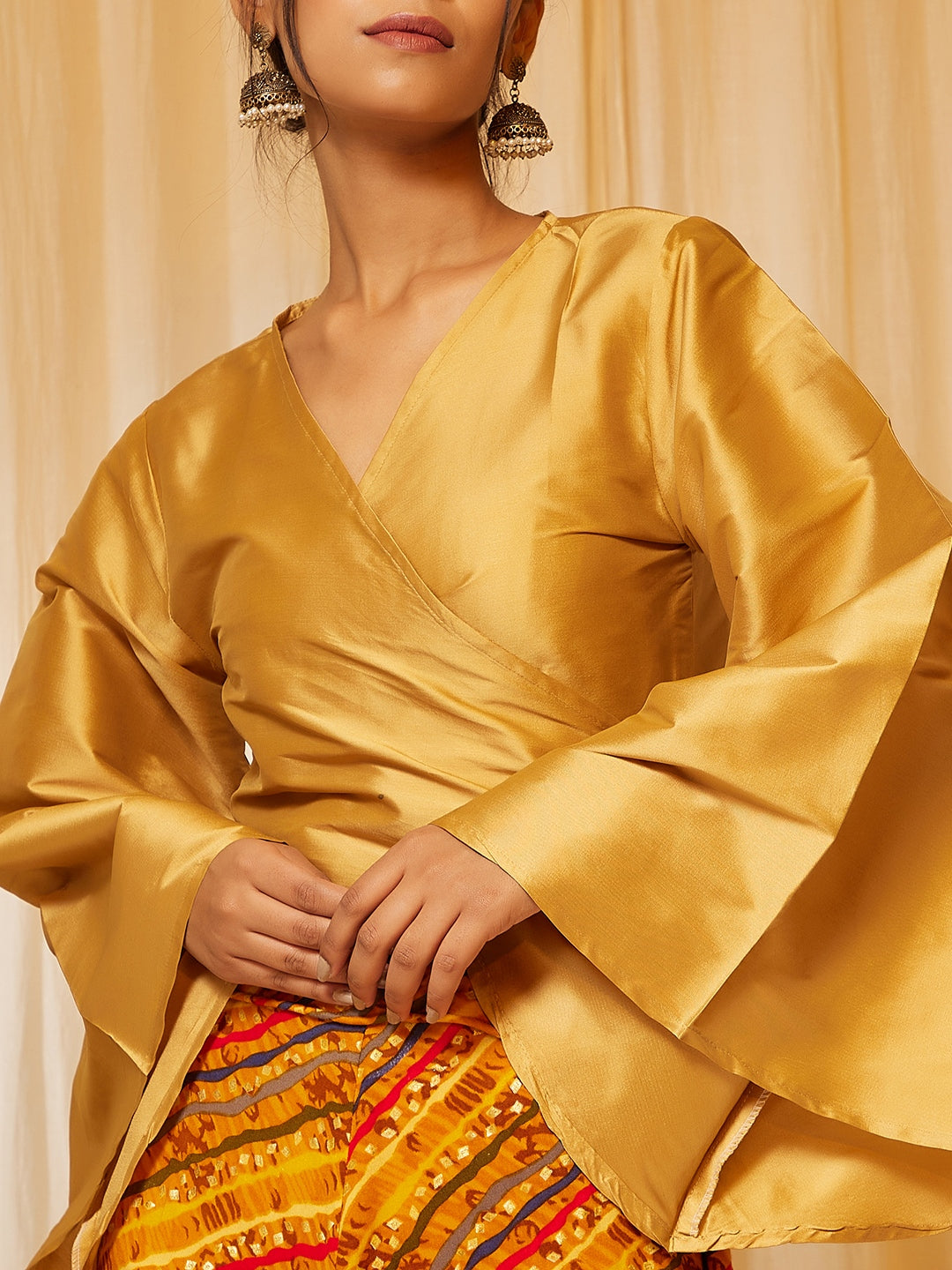 Gold Top With Mustard Lehariya Skirt