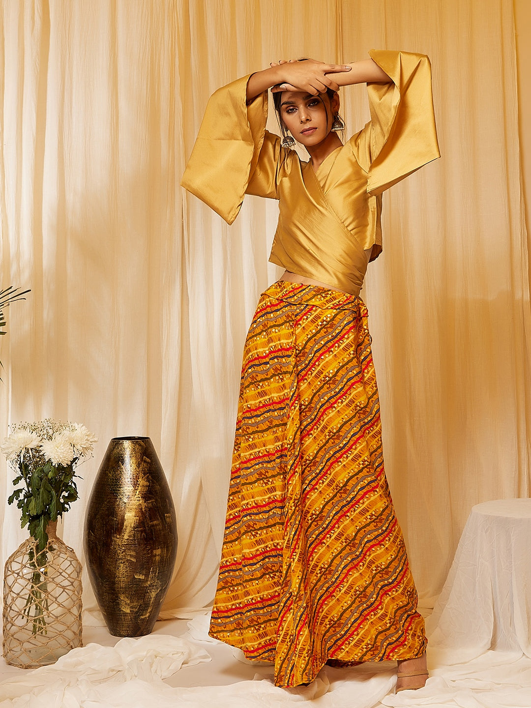 Gold Top With Mustard Lehariya Skirt