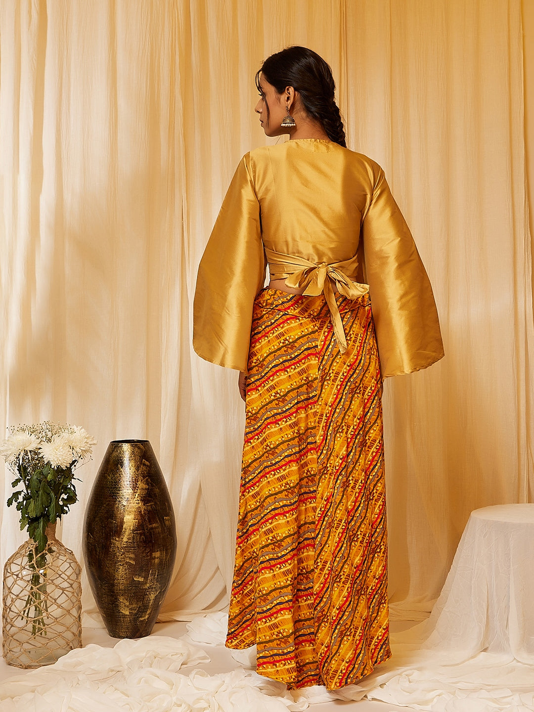 Gold Top With Mustard Lehariya Skirt