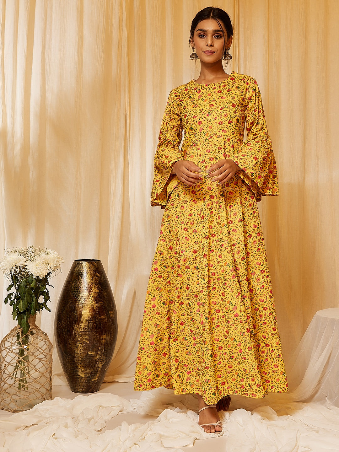 Yellow Floral Jaal Long Dress
