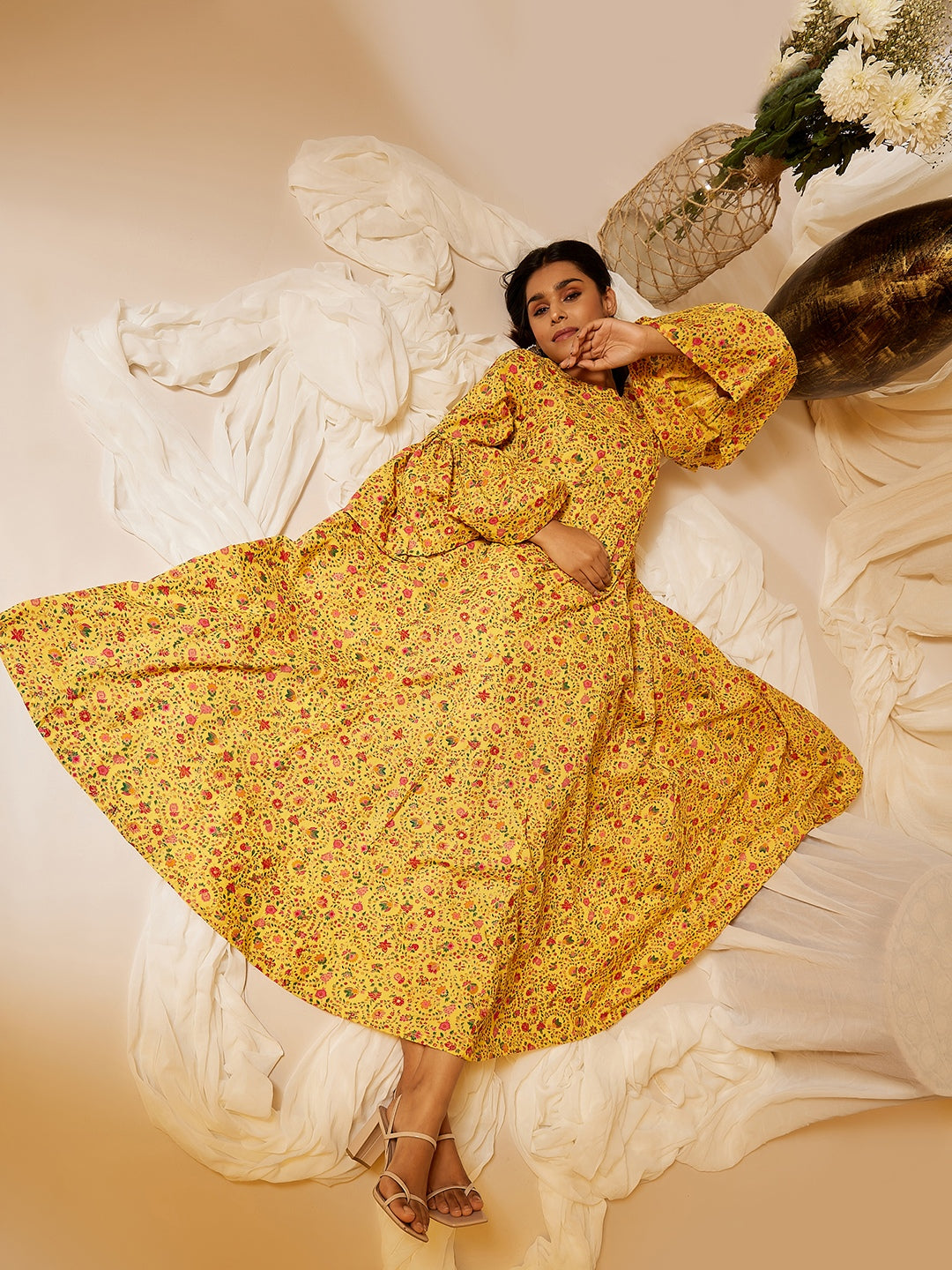 Yellow Floral Jaal Long Dress