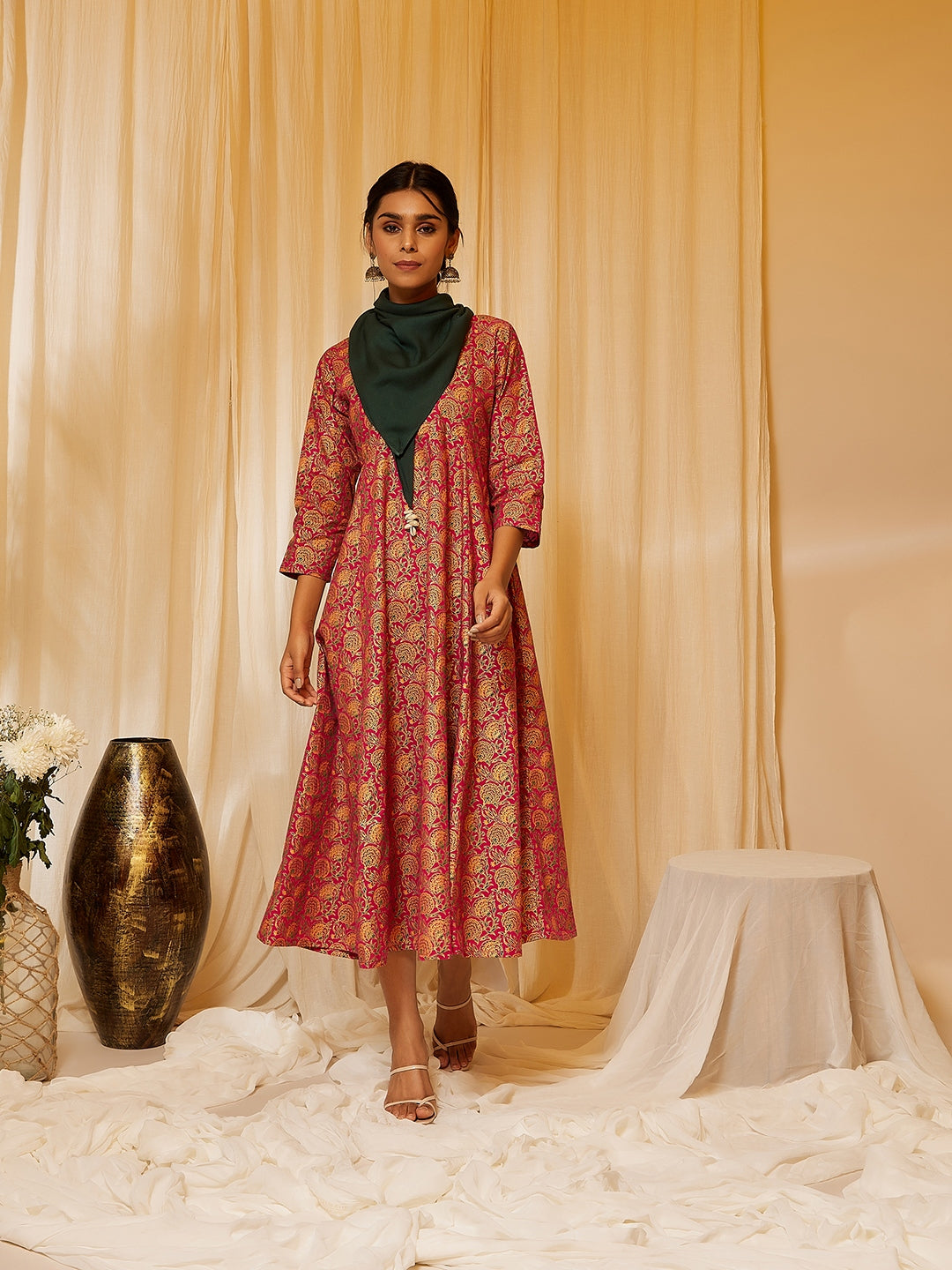 Magenta Gold Floral A Line Dress With Stole - InWeave Magenta Gold Floral A Line Dress With Stole - InWeave