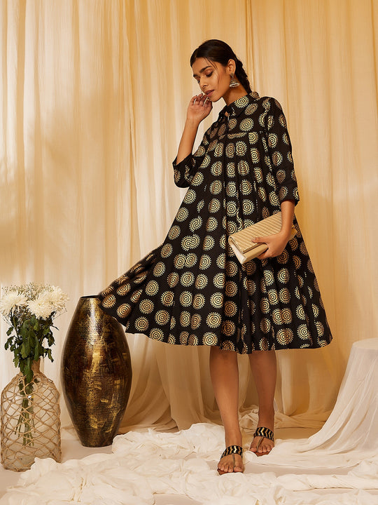 Black Gold Ring Flared Dress
