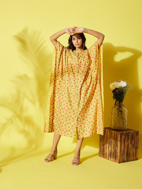 Yellow Red Floral Kaftan Dress