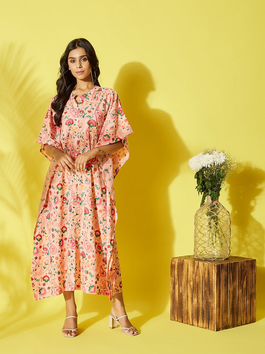 Peach Green Leaf Kaftan Dress