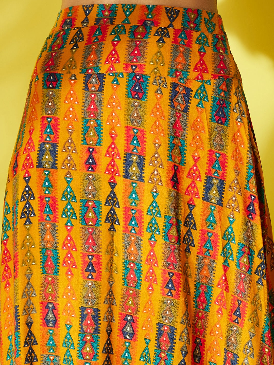 Green Bandhani And Abstract Yellow Skirt Set