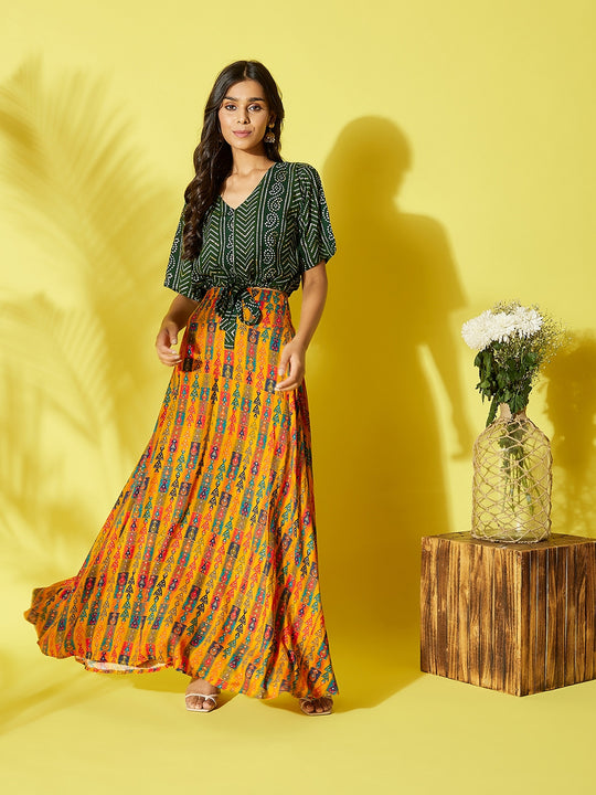 Green Bandhani And Abstract Yellow Skirt Set
