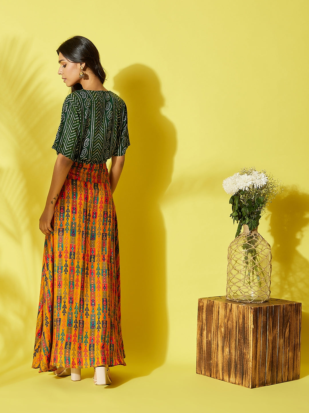 Green Bandhani And Abstract Yellow Skirt Set