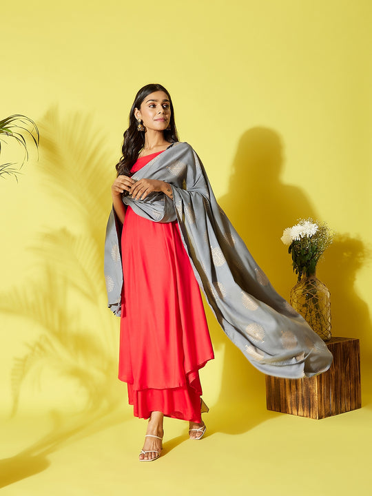 Red Strappy Kurta Palazzo Set With Grey Gold Dupatta