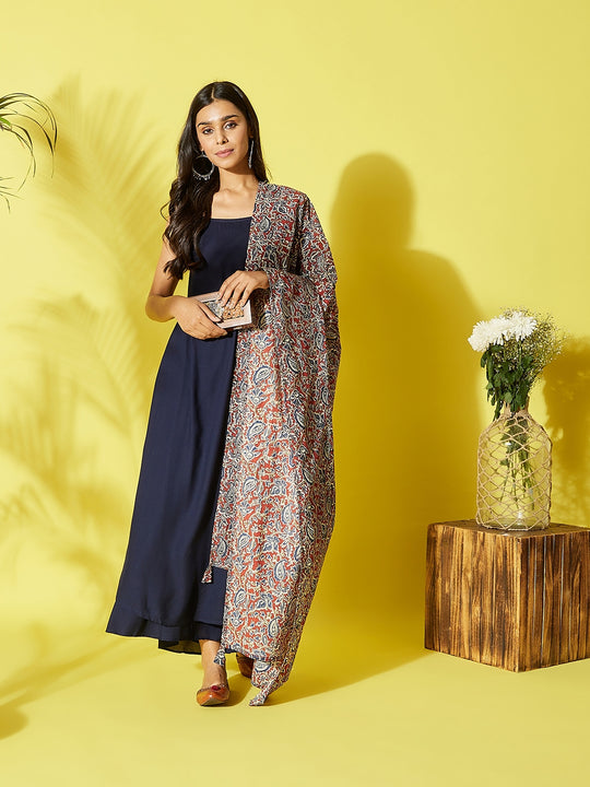 Navy Blue Strappy Kurta Palazzo Set With Kalamkari Dupatta