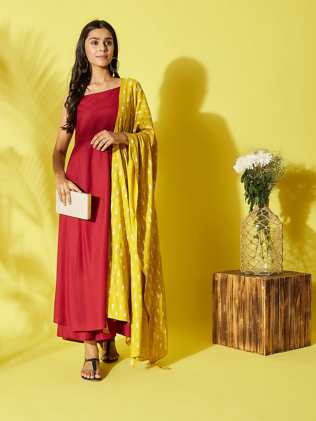 Maroon Strappy Kurta Palazzo Set With Mustard White Dupatta
