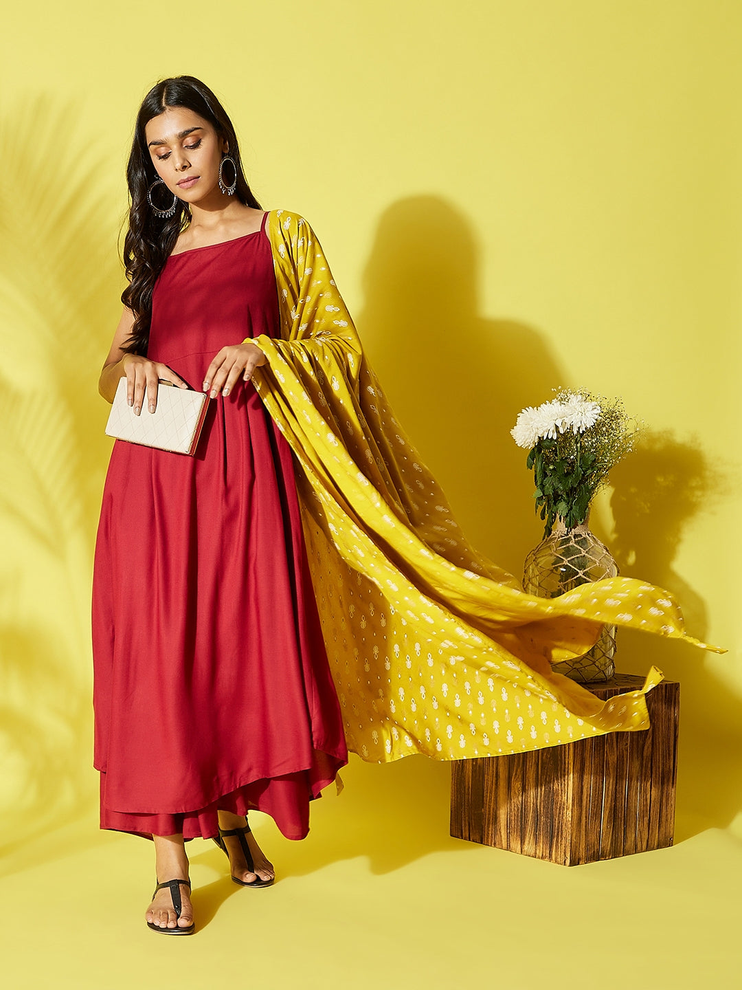 Maroon Strappy Kurta Palazzo Set With Mustard White Dupatta