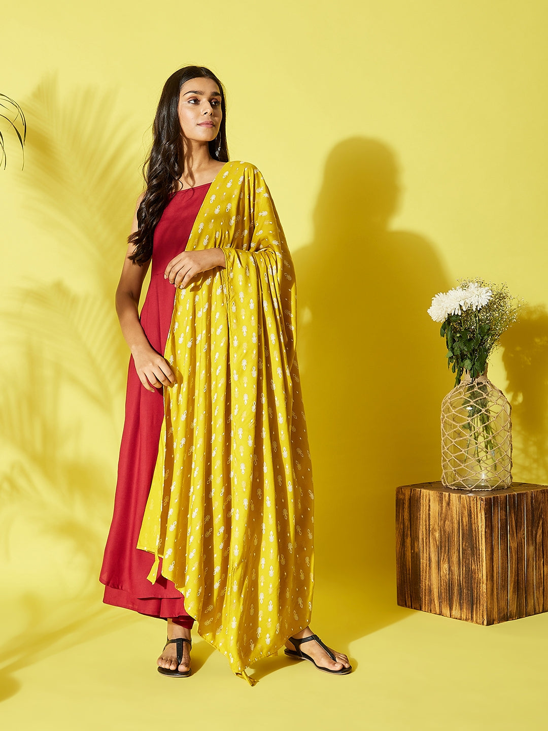 Maroon Strappy Kurta Palazzo Set With Mustard White Dupatta
